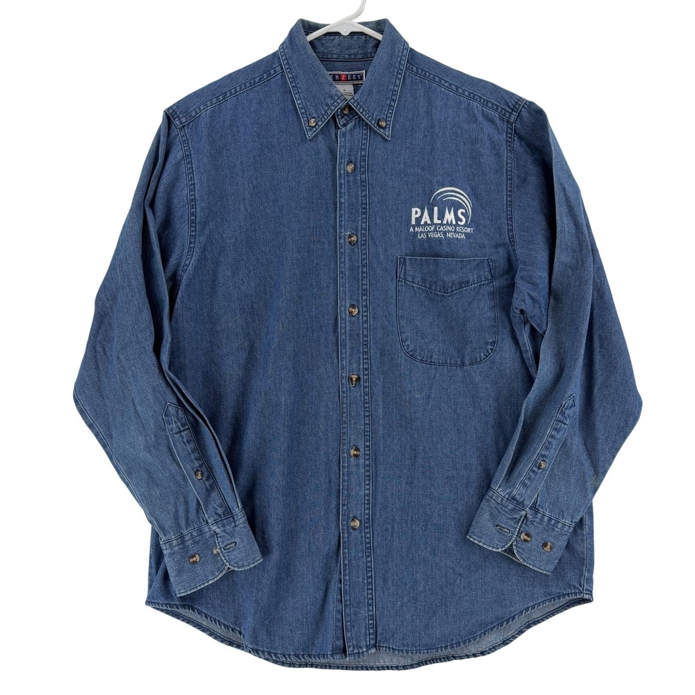 VTG Jerzees Palms Las Vegas Casino Denim Shirt Mens Medium Blue Button Down LS